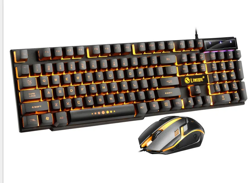 Limei GTX300 white and black backlit gaming keyboard and mouse set on a desktop