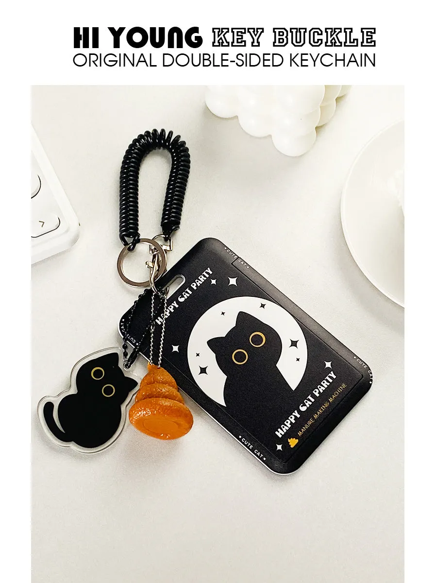 Plastic card holder with black cat cartoon design and pendant for bus cards and student IDs