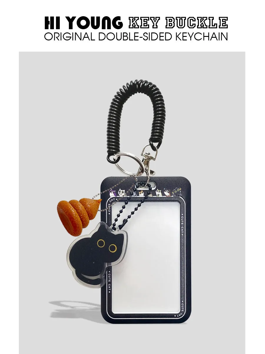 Plastic card holder with black cat cartoon design and pendant for bus cards and student IDs