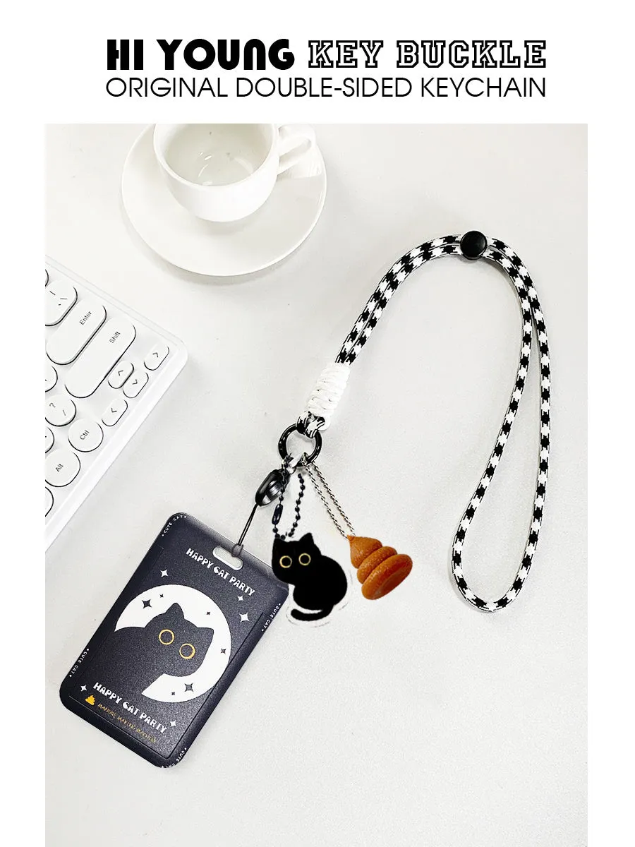 Plastic card holder with black cat cartoon design and pendant for bus cards and student IDs