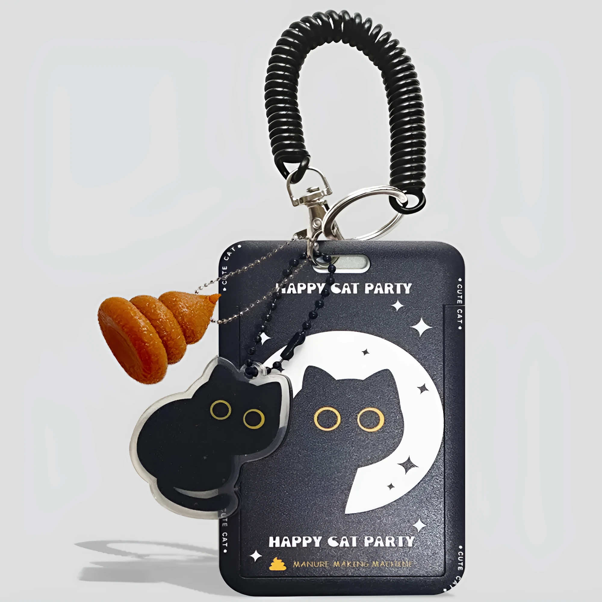 Plastic card holder with black cat cartoon design and pendant for bus cards and student IDs
