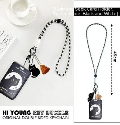 Plastic card holder with black cat cartoon design and pendant for bus cards and student IDs