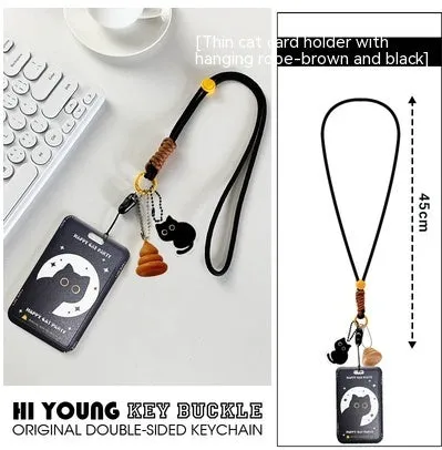 Plastic card holder with black cat cartoon design and pendant for bus cards and student IDs