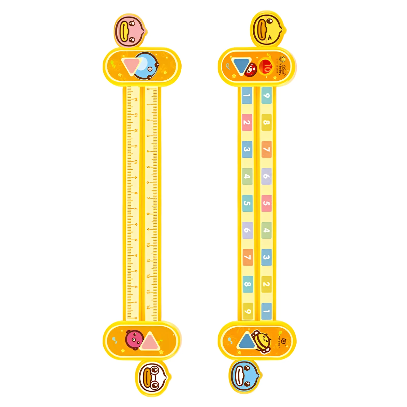 Yellow plastic cartoon digital decomposition ruler for children's maths learning, 24.5 cm long.