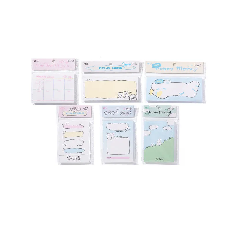 Cartoon heart-shaped sticky notes set showing six themed designs in three different sizes