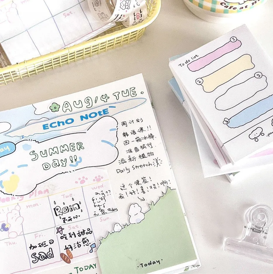 Cartoon heart-shaped sticky notes set showing six themed designs in three different sizes