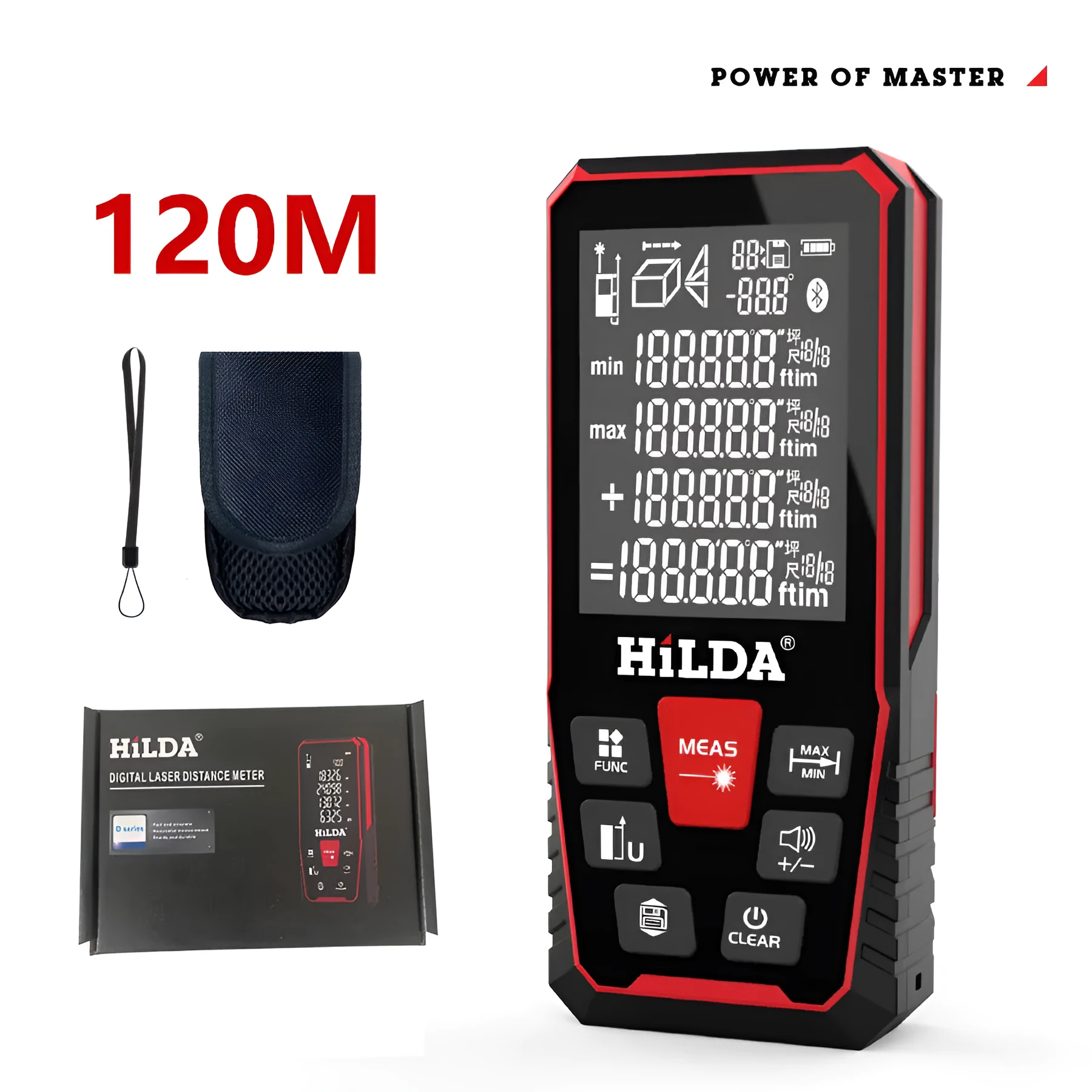 Handheld laser rangefinder for measuring building and room distances up to 120 metres.