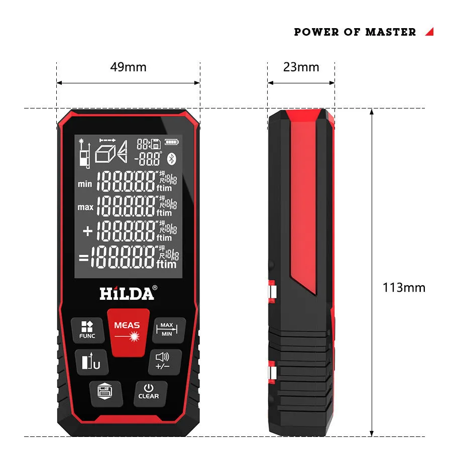 Handheld laser rangefinder for measuring building and room distances up to 120 metres.