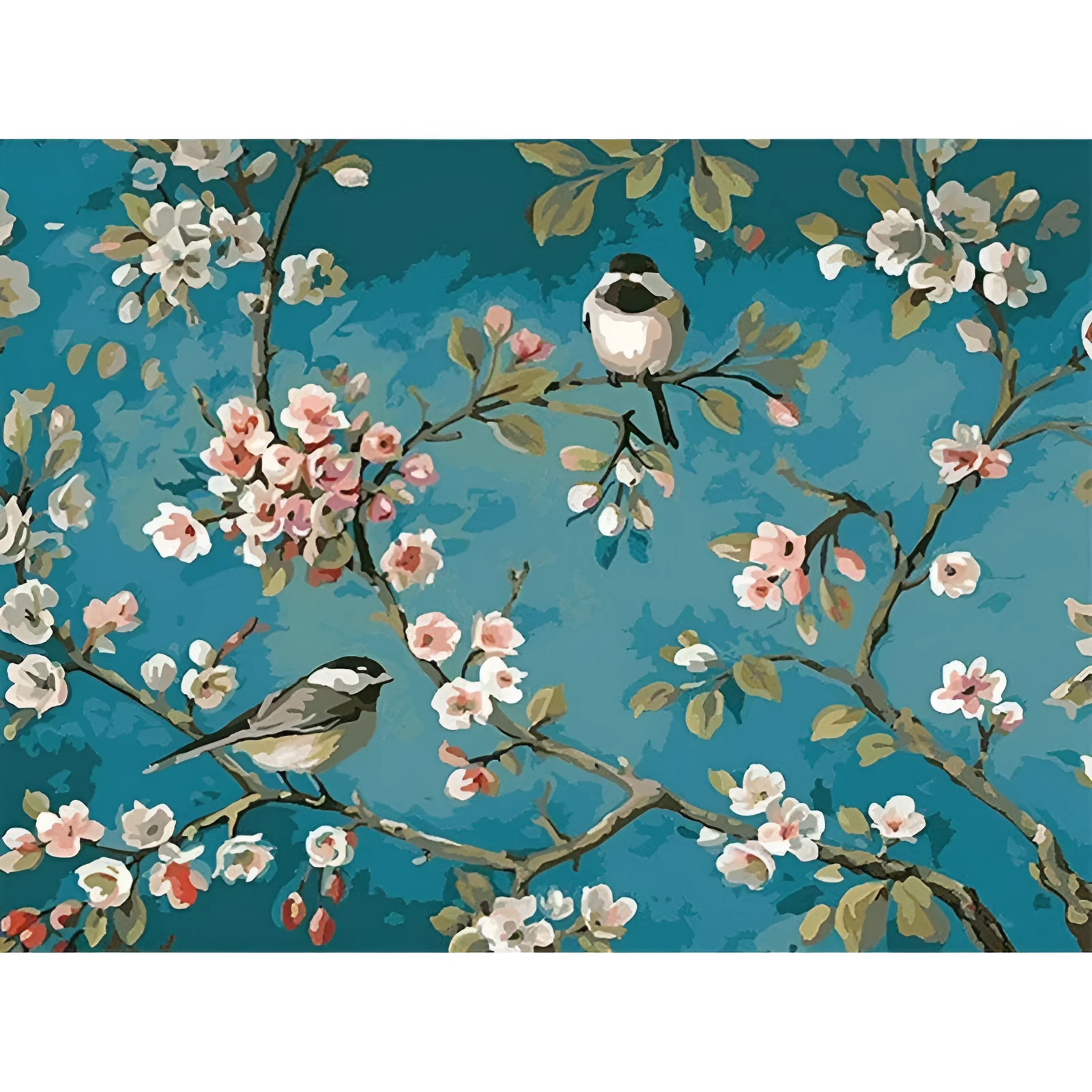Hand-painted abstract digital oil painting of blue flowers and birds on 40x50cm linen canvas