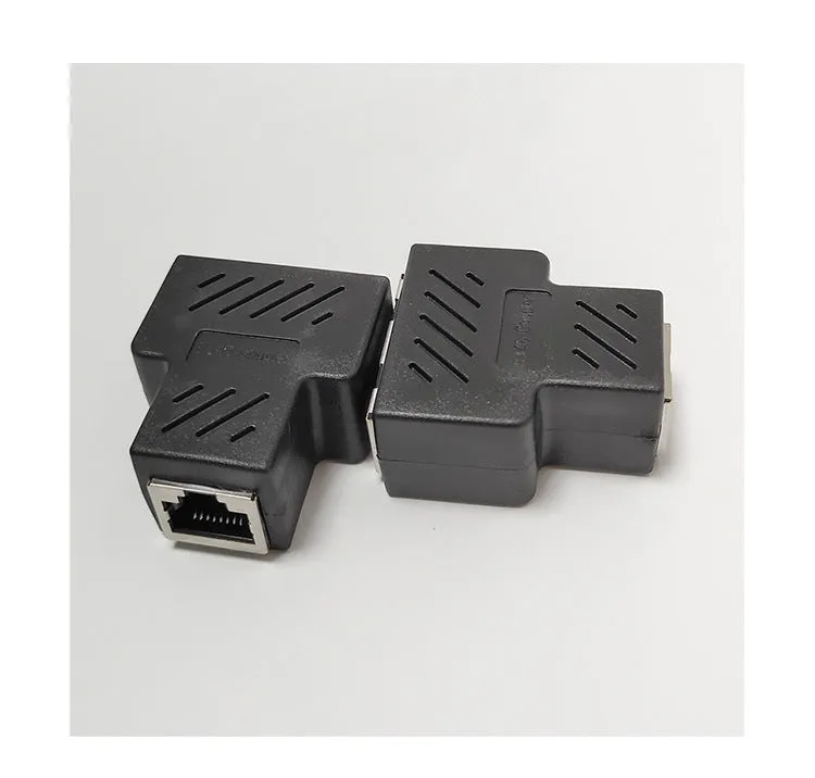 Two white RJ45 network splitter adapters for sharing one ethernet cable connection.