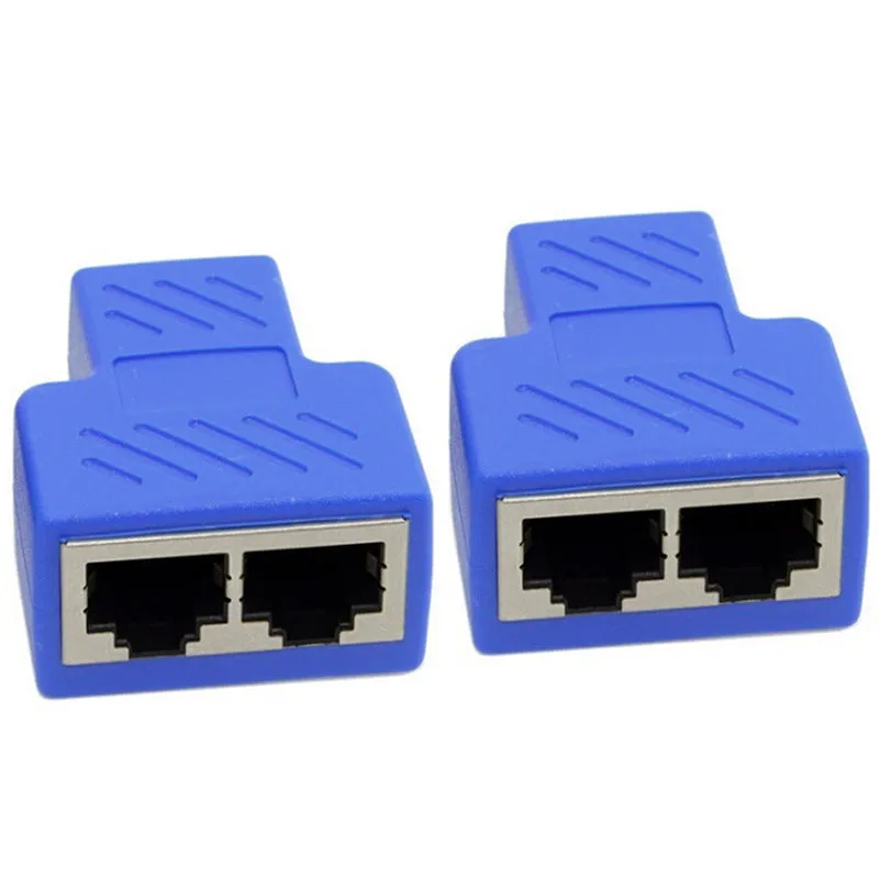 Two white RJ45 network splitter adapters for sharing one ethernet cable connection.