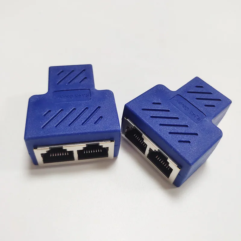 Two white RJ45 network splitter adapters for sharing one ethernet cable connection.