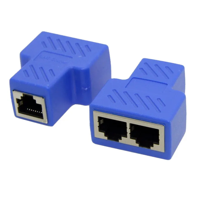 Two white RJ45 network splitter adapters for sharing one ethernet cable connection.