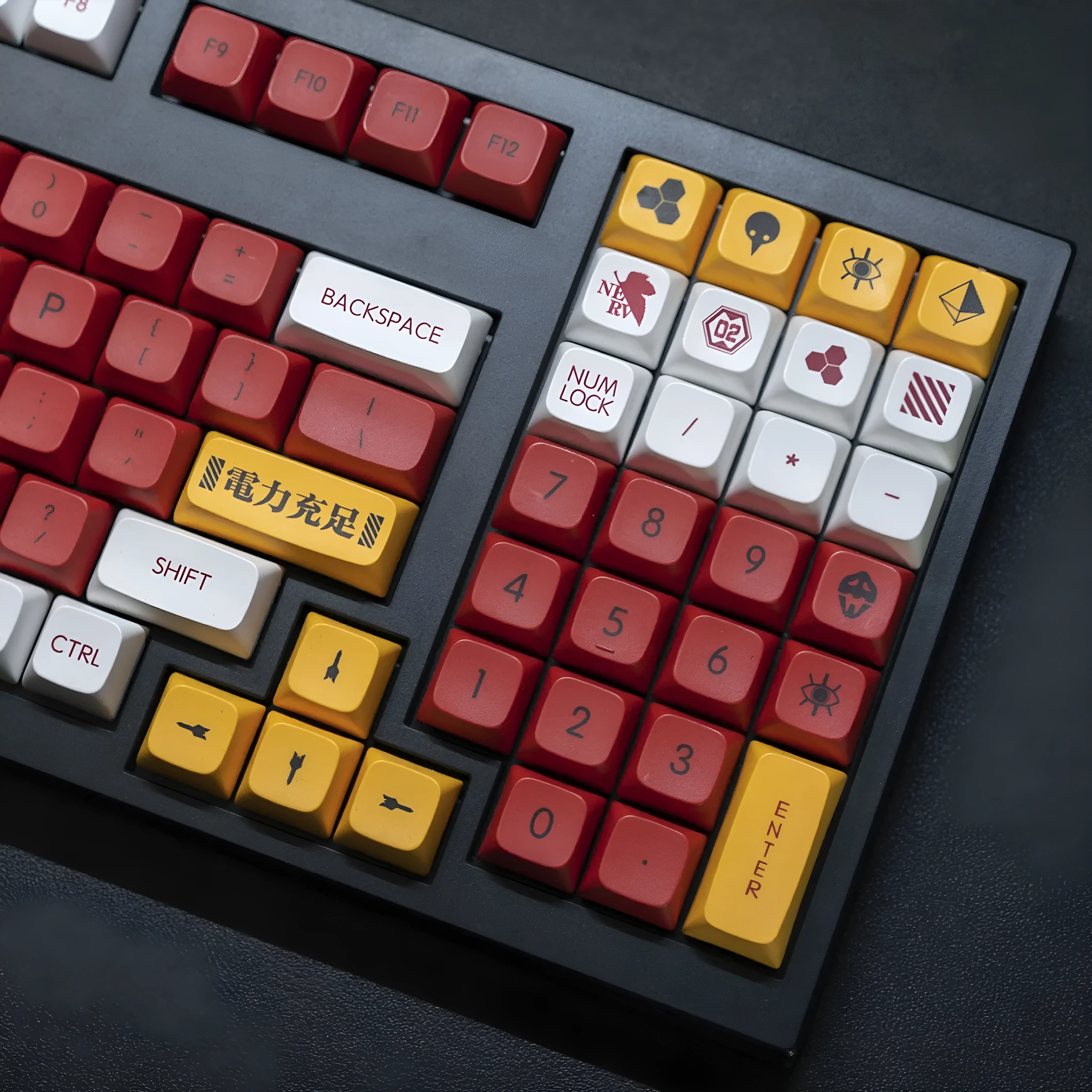 138 PBT sublimation keycaps in a boy and girl colour matching design laid out on a table.