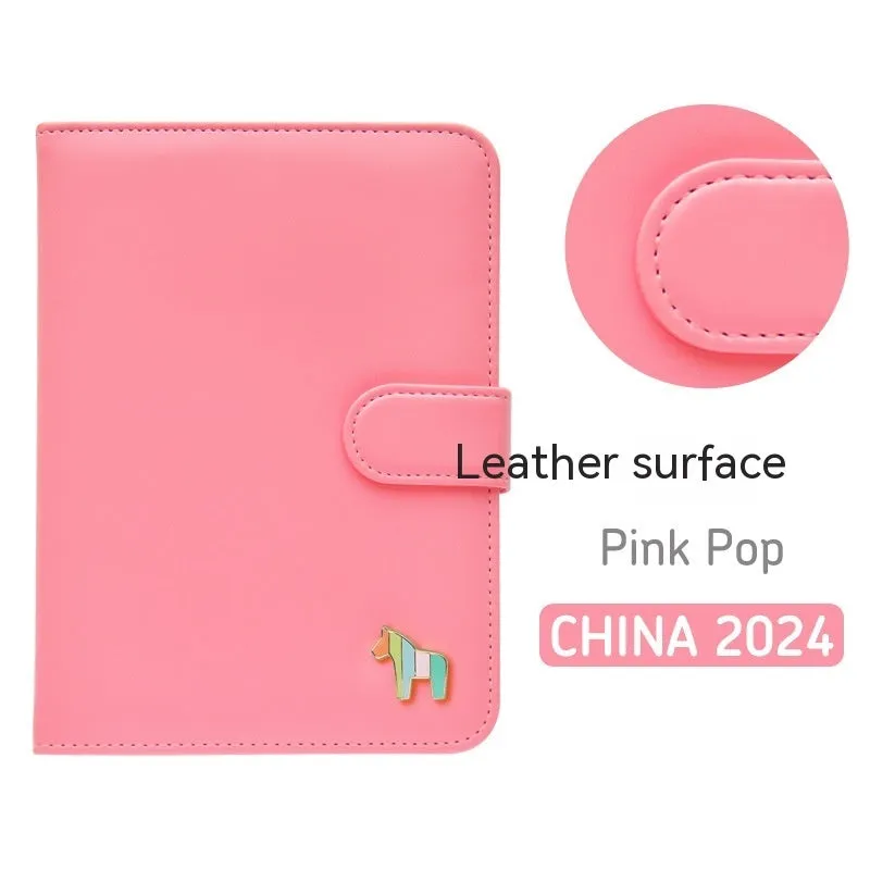 Leather schedule book showing 164x120mm dimensions with 396-day account pages and multiple colour options