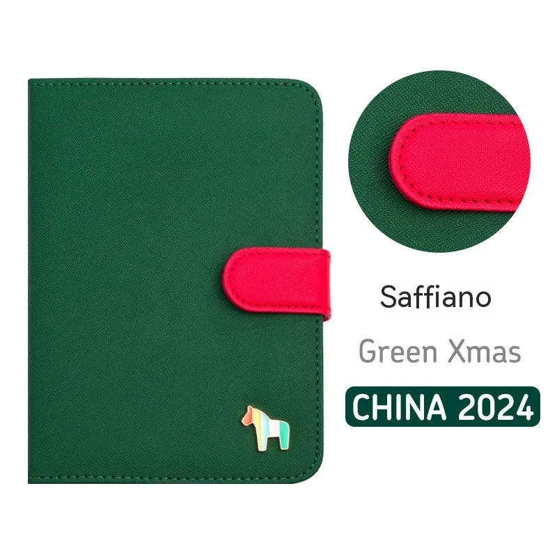 Leather schedule book showing 164x120mm dimensions with 396-day account pages and multiple colour options