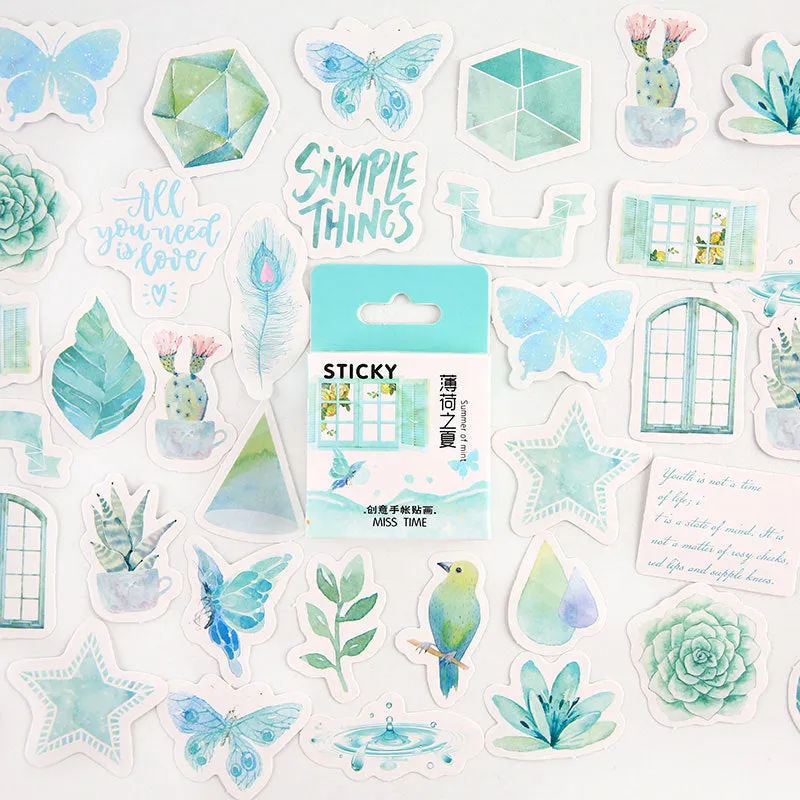 46 cartoon decorative stickers for journaling in small 30x37mm size with nine colour theme options