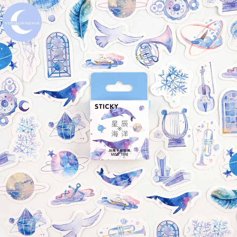 46 cartoon decorative stickers for journaling in small 30x37mm size with nine colour theme options