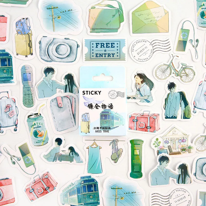 46 cartoon decorative stickers for journaling in small 30x37mm size with nine colour theme options