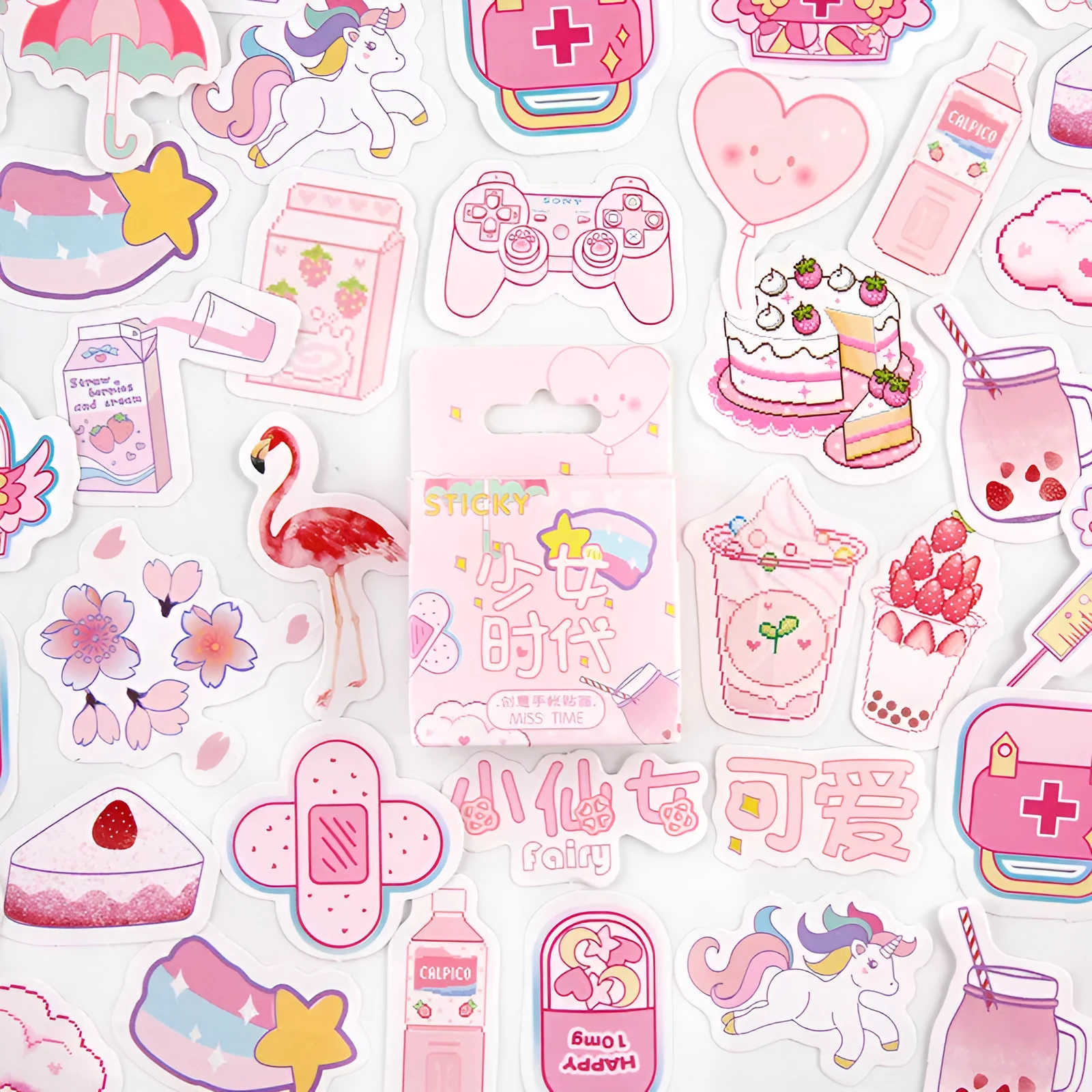 46 cartoon decorative stickers for journaling in small 30x37mm size with nine colour theme options
