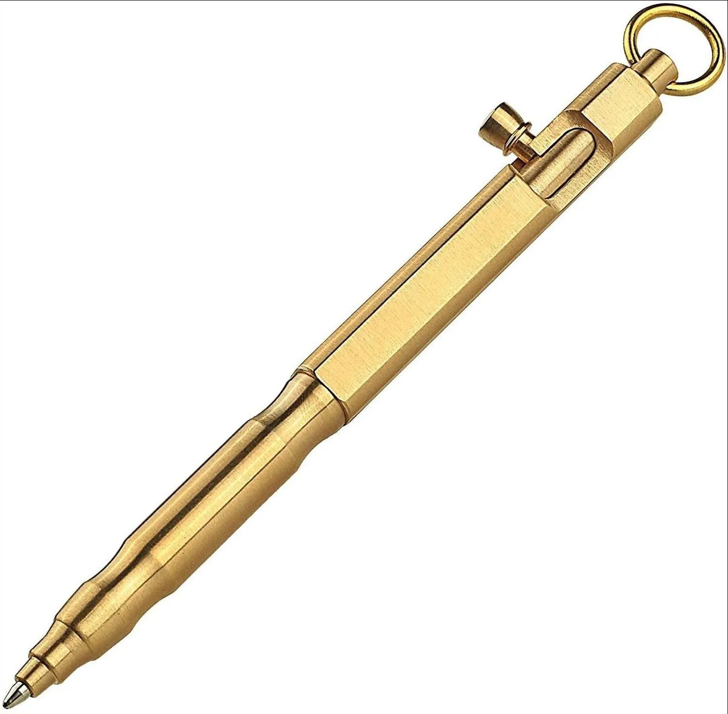 Brass tactical pen with hexagonal bolt pattern showing natural colour finish and precise machining details