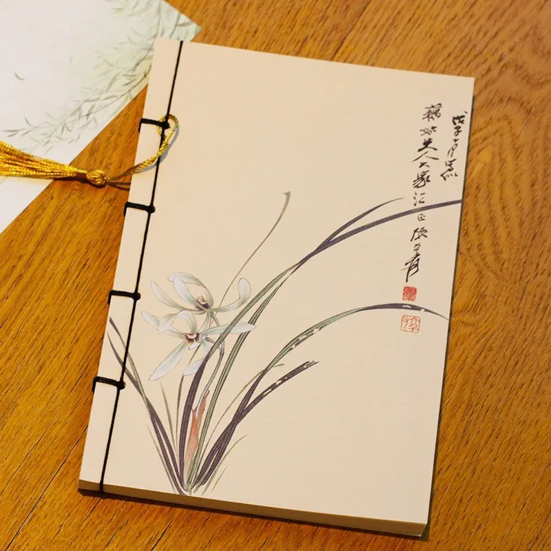 A5 antique-style wire-bound notebook with vintage Chinese painting cover, thread binding, and black wax rope tassel.