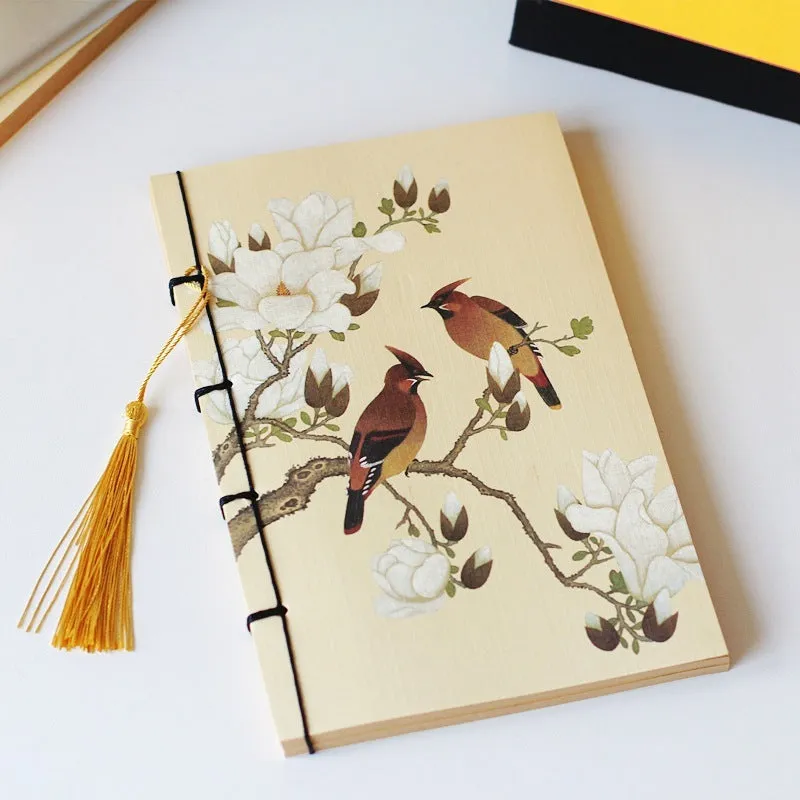A5 antique-style wire-bound notebook with vintage Chinese painting cover, thread binding, and black wax rope tassel.