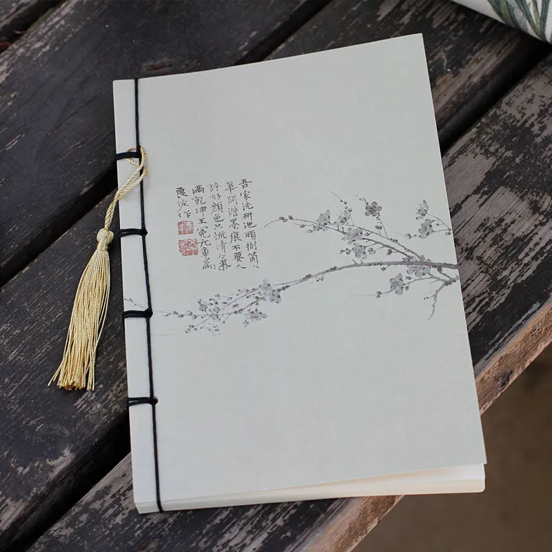 A5 antique-style wire-bound notebook with vintage Chinese painting cover, thread binding, and black wax rope tassel.