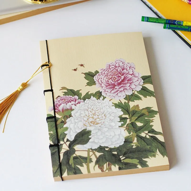 A5 antique-style wire-bound notebook with vintage Chinese painting cover, thread binding, and black wax rope tassel.