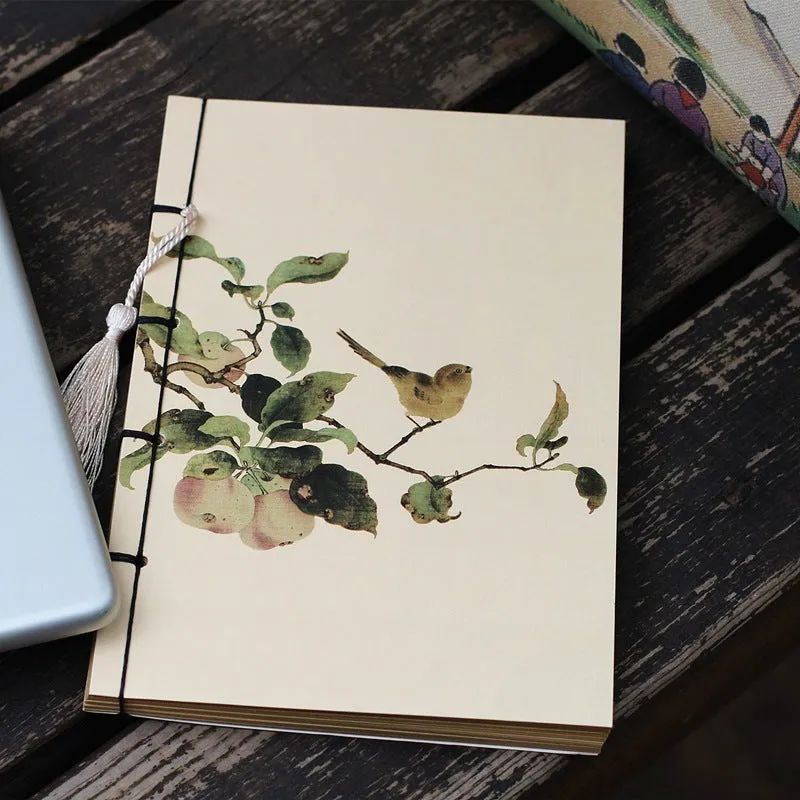 A5 antique-style wire-bound notebook with vintage Chinese painting cover, thread binding, and black wax rope tassel.
