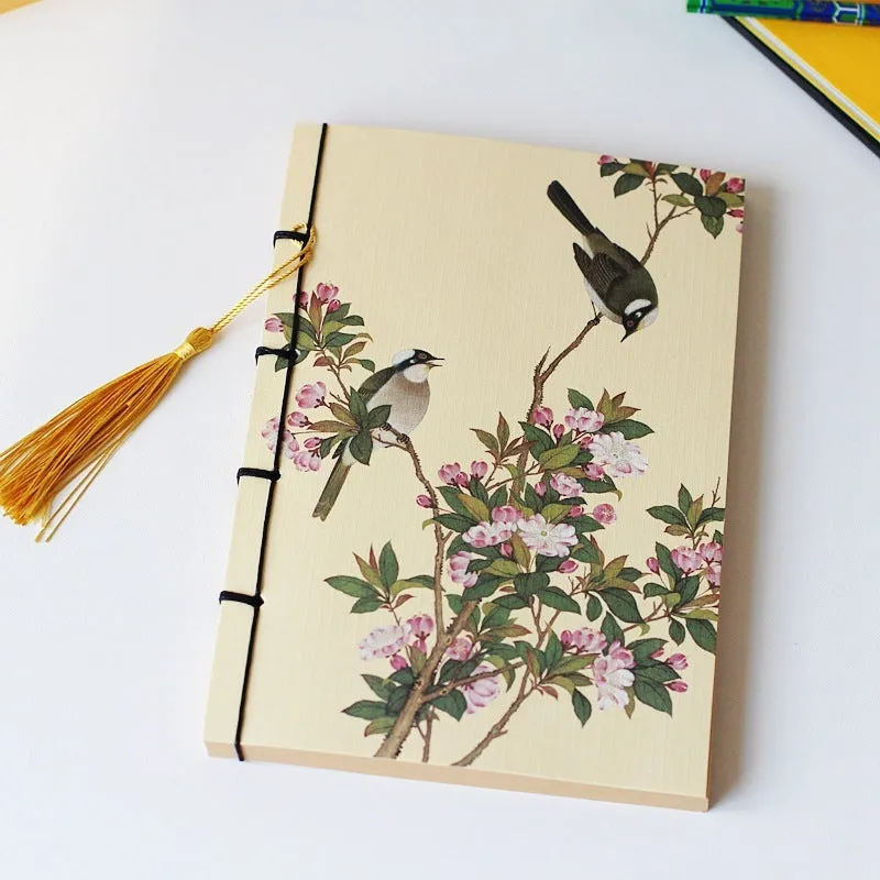 A5 antique-style wire-bound notebook with vintage Chinese painting cover, thread binding, and black wax rope tassel.