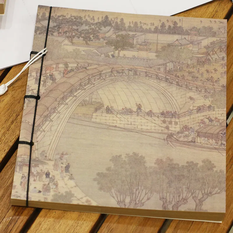 A5 antique-style wire-bound notebook with vintage Chinese painting cover, thread binding, and black wax rope tassel.