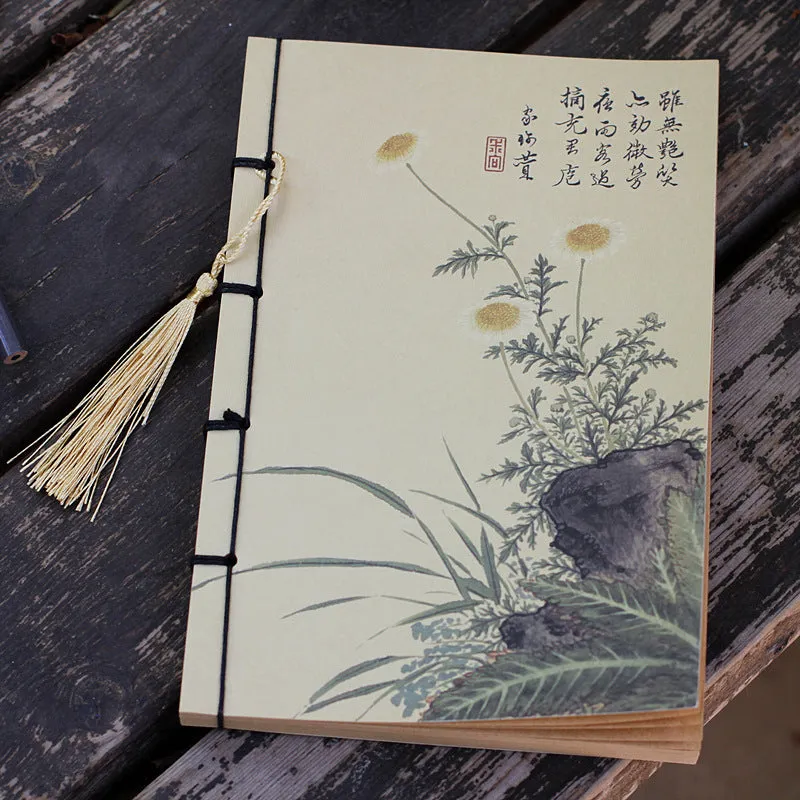 A5 antique-style wire-bound notebook with vintage Chinese painting cover, thread binding, and black wax rope tassel.