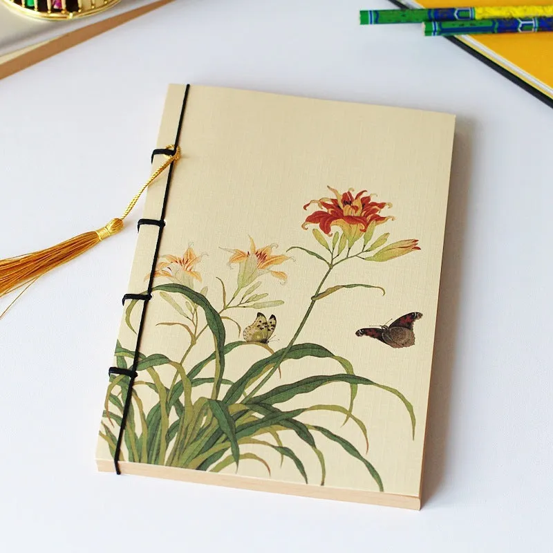 A5 antique-style wire-bound notebook with vintage Chinese painting cover, thread binding, and black wax rope tassel.
