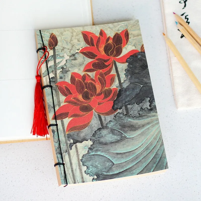 A5 antique-style wire-bound notebook with vintage Chinese painting cover, thread binding, and black wax rope tassel.