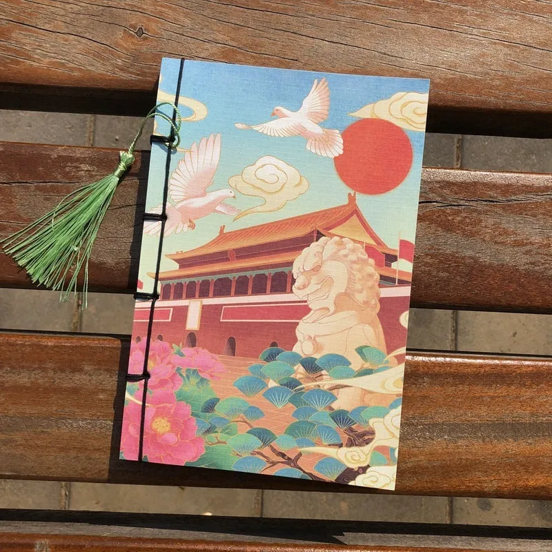 A5 antique-style wire-bound notebook with vintage Chinese painting cover, thread binding, and black wax rope tassel.