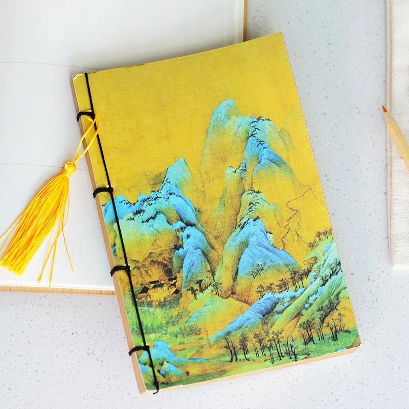 A5 antique-style wire-bound notebook with vintage Chinese painting cover, thread binding, and black wax rope tassel.