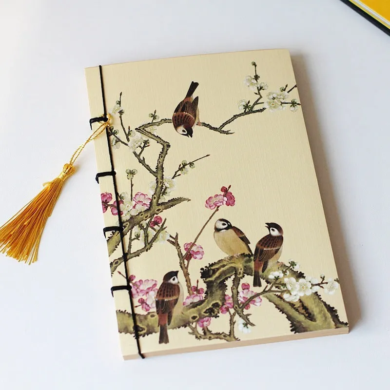 A5 antique-style wire-bound notebook with vintage Chinese painting cover, thread binding, and black wax rope tassel.