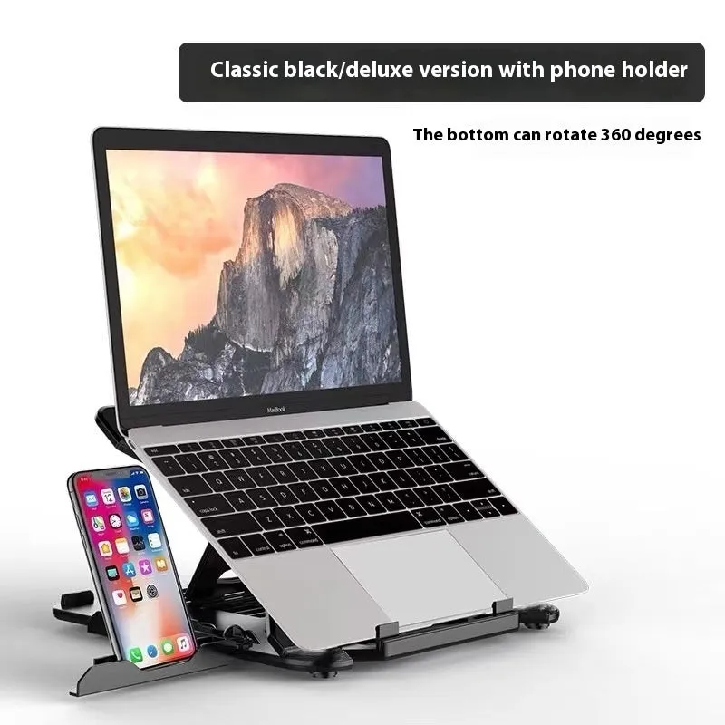 Black ABS plastic laptop cooling stand with slatted platform and adjustable tilt on a wooden desk.