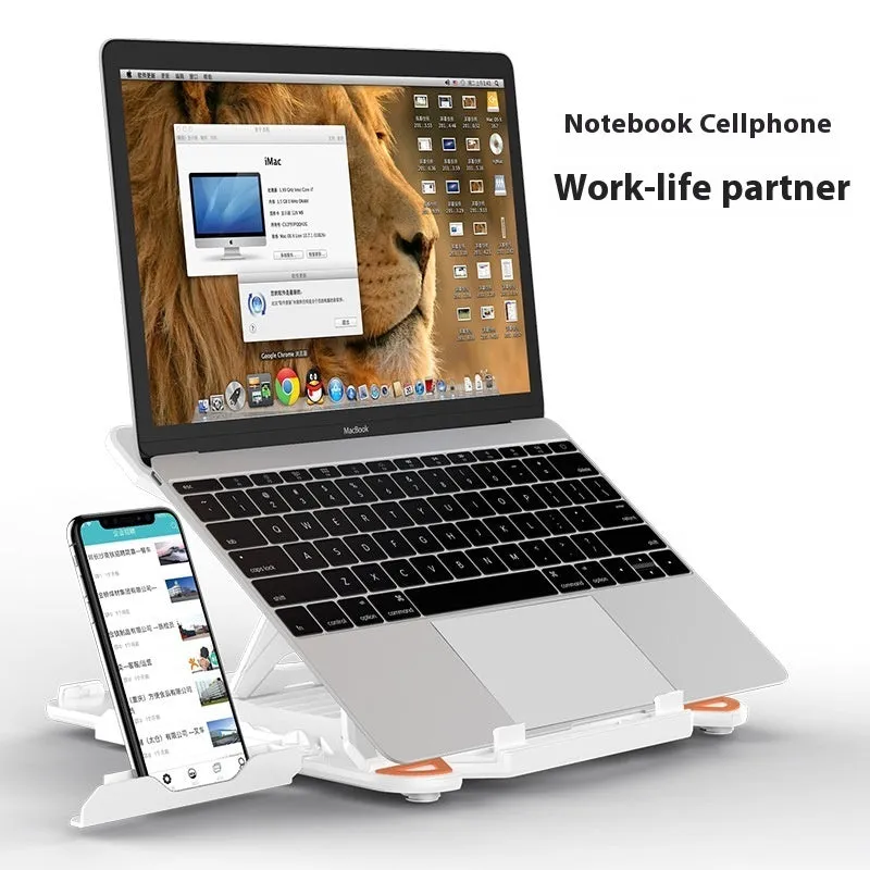 Black ABS plastic laptop cooling stand with slatted platform and adjustable tilt on a wooden desk.