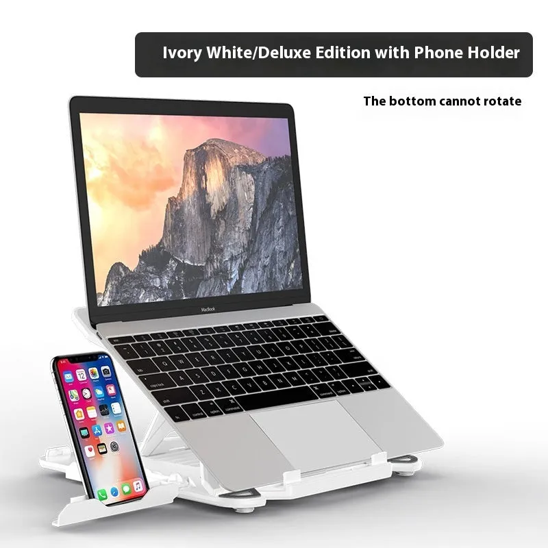 Black ABS plastic laptop cooling stand with slatted platform and adjustable tilt on a wooden desk.