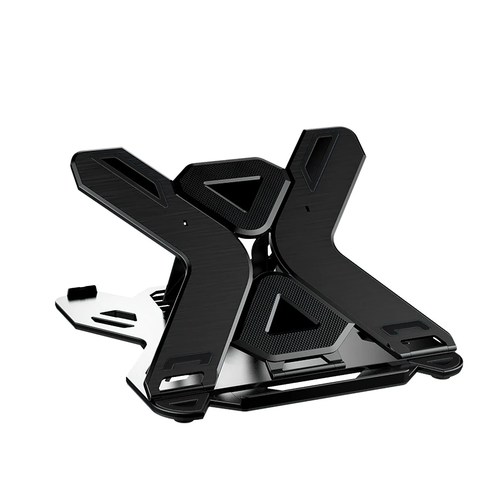 Black ABS plastic laptop cooling stand with slatted platform and adjustable tilt on a wooden desk.