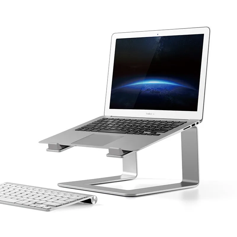 Black aluminium alloy laptop stand on wooden desk with laptop positioned on top
