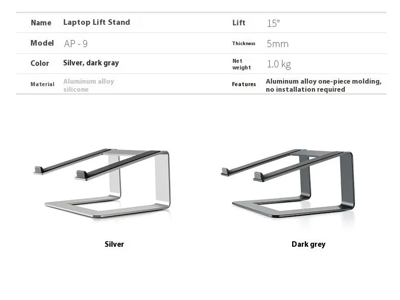 Black aluminium alloy laptop stand on wooden desk with laptop positioned on top