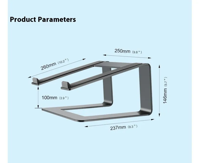Black aluminium alloy laptop stand on wooden desk with laptop positioned on top