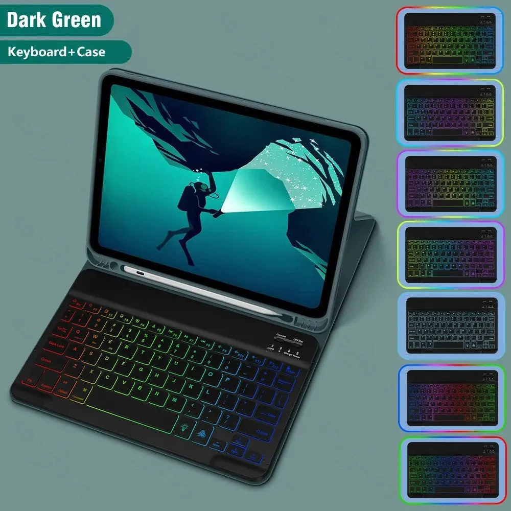 iPad in a colourful TPU leather case with a built-in RGB backlit Bluetooth keyboard and a flip-out stand.