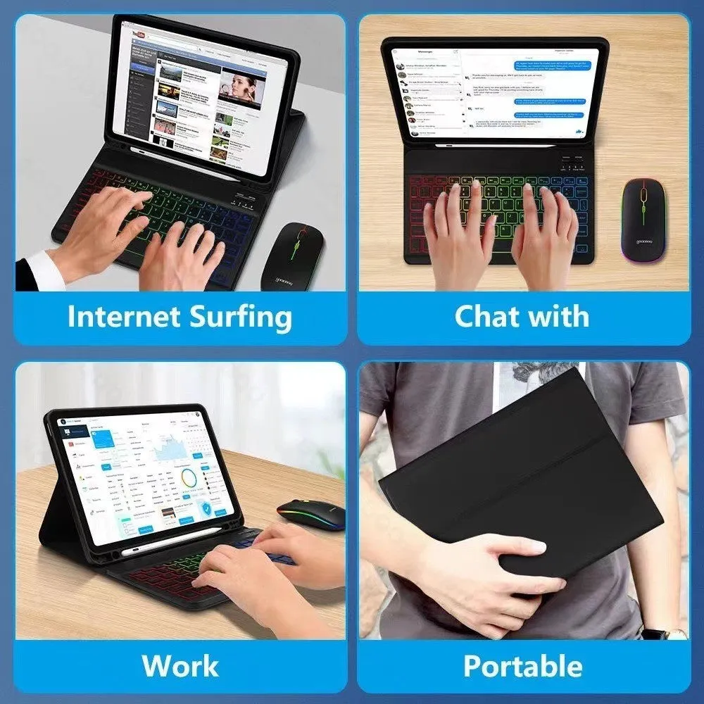 iPad in a colourful TPU leather case with a built-in RGB backlit Bluetooth keyboard and a flip-out stand.