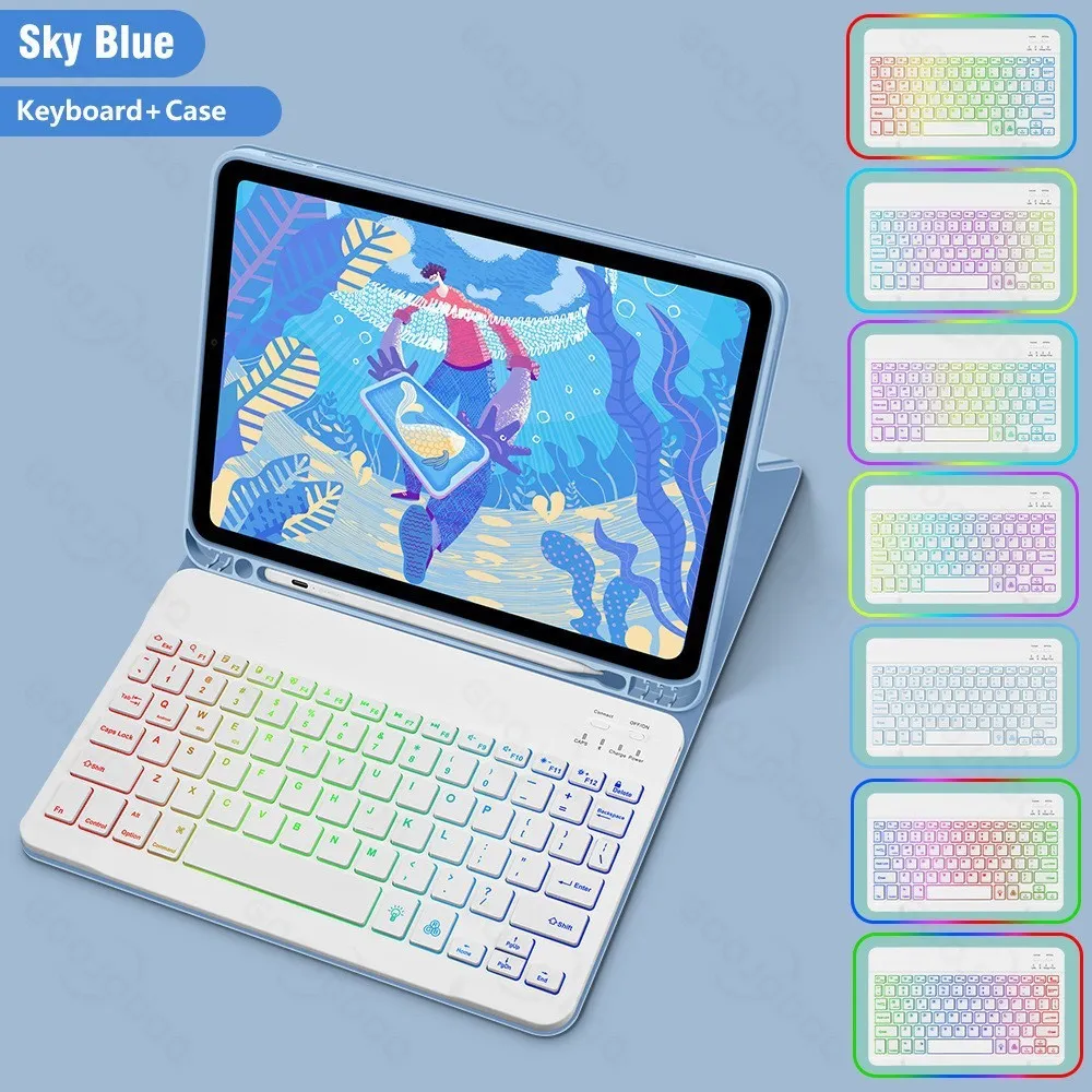 iPad in a colourful TPU leather case with a built-in RGB backlit Bluetooth keyboard and a flip-out stand.