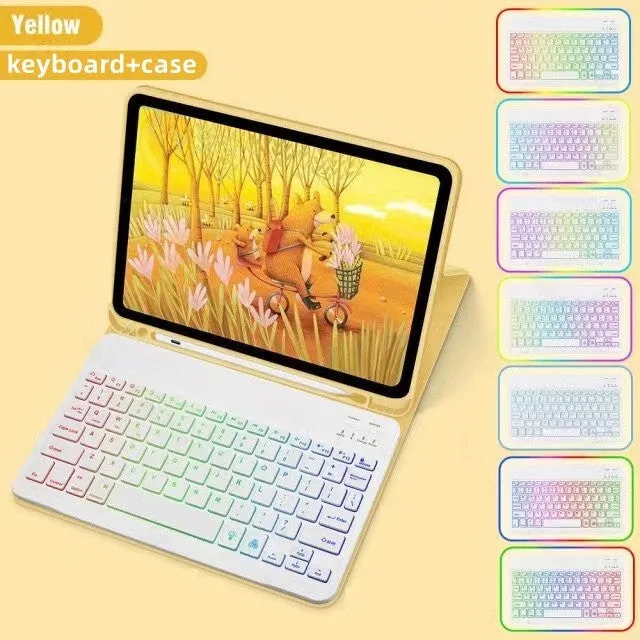 iPad in a colourful TPU leather case with a built-in RGB backlit Bluetooth keyboard and a flip-out stand.