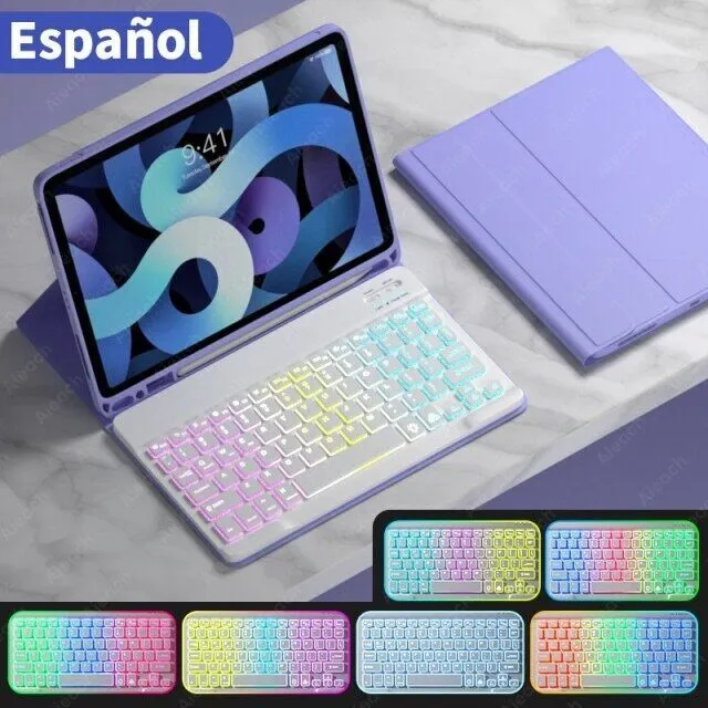 iPad in a colourful TPU leather case with a built-in RGB backlit Bluetooth keyboard and a flip-out stand.